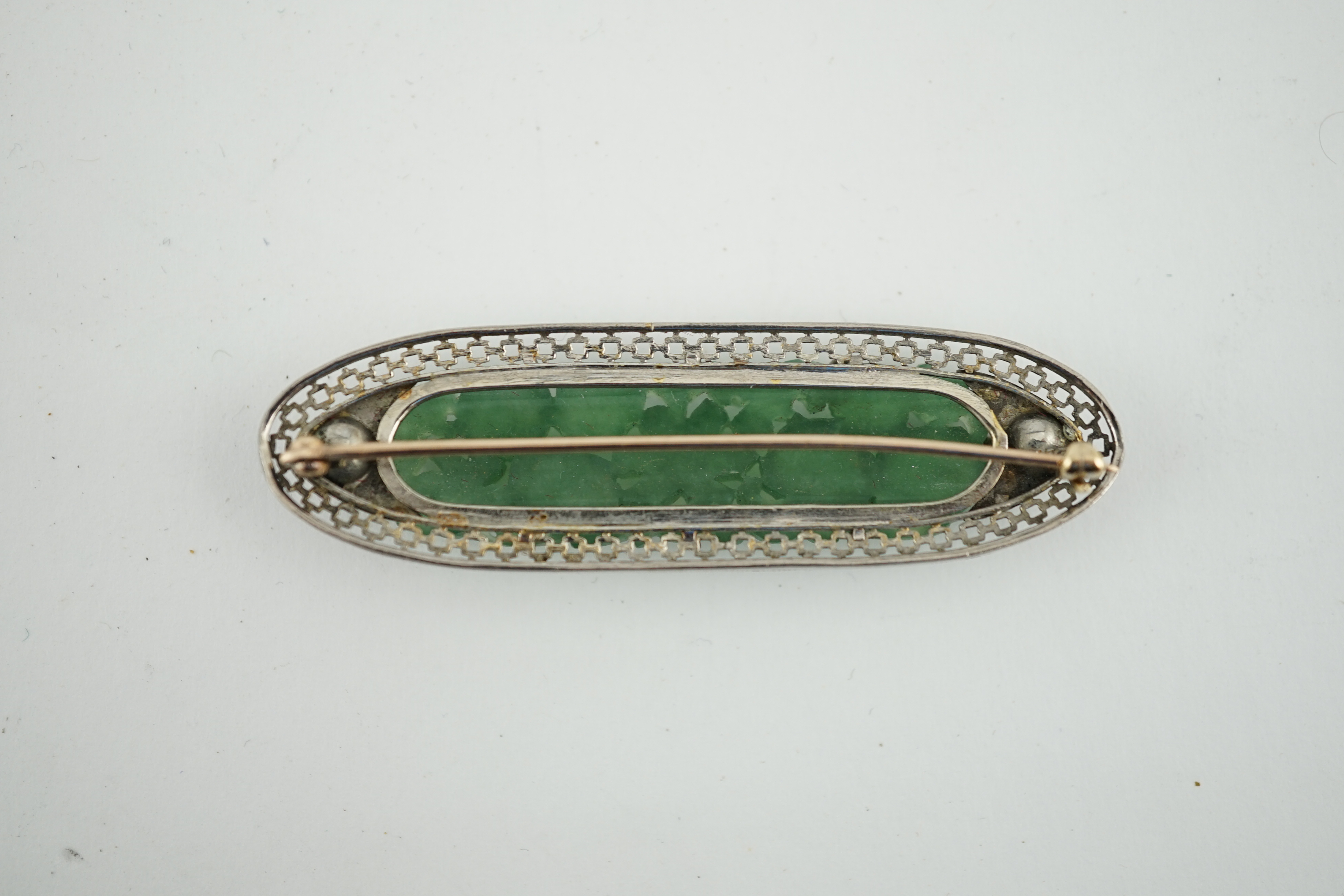 A mid 20th century pierced white gold?, jade and two stone cultured pearl set ovoid brooch